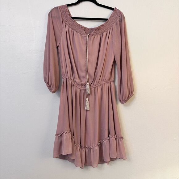 Simplee Long-Sleeve Off The Shoulder Ruffle Chiffon Mini Dress Pink Large NWT - Picture 1 of 3